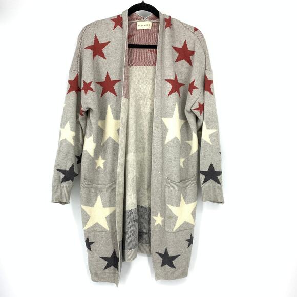 Dreamers Sweaters - Dreamers Open Front Long Cardigan Sweater Womens Size Medium Gray Star Print